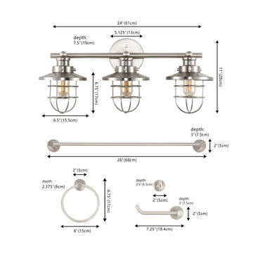 Ellis 24" 3-Light Industrial Farmhouse Vanity Light with Bathroom Hardware Accessory Set - JONATHAN Y